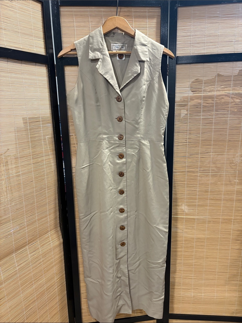 Sleeveless Button-Front Midi Dress in Beige